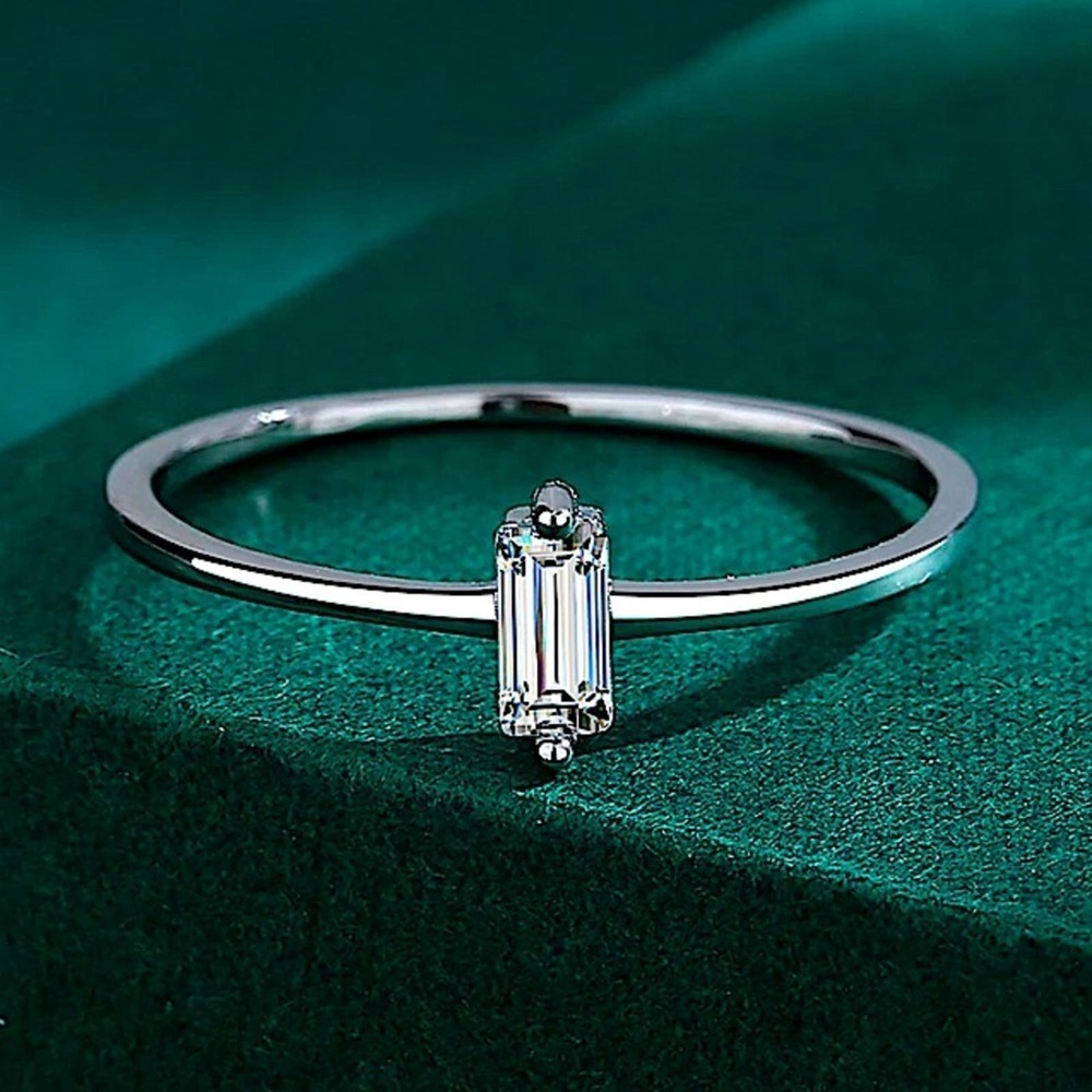 Sterling Silver Rectangular Cubic Zircon Ring Minimalist, Dainty Diamond Size 7